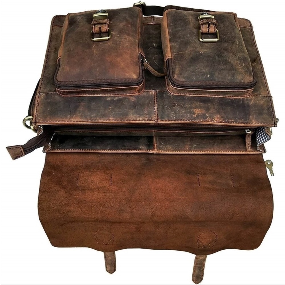 GRUNTLUXURY Men's Brown Buffalo Leather Laptop Bag